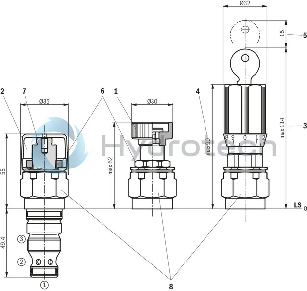 technical illustration-R901203917-Cartridge valve 4&nbsp;pressure ratings 4 optional adjustment types:&bull; Rotary knob&bull; Sleeve with hexagon and protective cap&bull; Lockable rotary knob with scale&bull; Rotary knob with scale