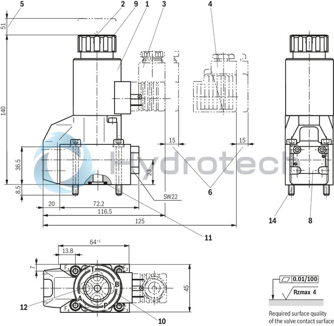 technical illustration-R900212093-2/2-, 3/2- or 4/2-way version Porting pattern according to DIN 24340 form A Porting pattern according to ISO&nbsp;4401-03-02-0-05 Air-gap DC solenoids with detachable coil Solenoid coil is rotatable by 90° The coil can be changed without having to open the pressure-tight chamber Electrical connection as individual connection Optional auxiliary operating device Inductive position switch and proximity sensors (contactless)
