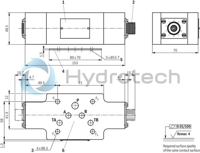 technical illustration-R901162976-Sandwich plate valve Porting pattern according to ISO&nbsp;4401-05-04-0-05 For limiting the main or pilot flow of two consumer ports Adjustment type: Spindle with internal hexagon and scale