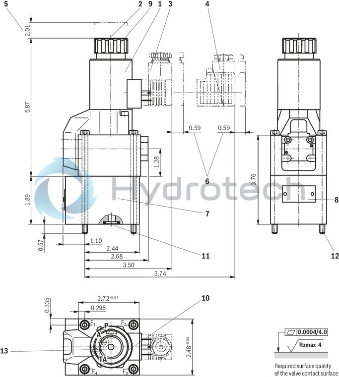 technical illustration-R900059158-Direct operated directional seat valve with solenoid actuation Porting pattern according to ISO&nbsp;4401-05-04-0-05 Blocked port is leak-free closed Reliable switching when under pressure over longer periods of standstill Air-gap DC solenoids with detachable coil (AC voltage possible by means of a rectifier) Solenoid coil is rotatable by 90&deg; Electrical connection as individual connection With concealed manual override, optional Inductive position switch (contactless), optional