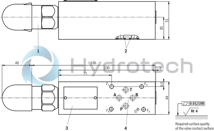 technical illustration-R901224218-For subplate mounting Porting pattern according to ISO&nbsp;5781-03-04-0-00 (not in compliance with the standard, also without locating hole) Subplates (separate order) As cartridge valve Adjustment type: Sleeve with hexagon and protective cap 4&nbsp;pressure ratings Switching pressure differential adjustable (10&nbsp;% to 50&nbsp;% of the nominal value)