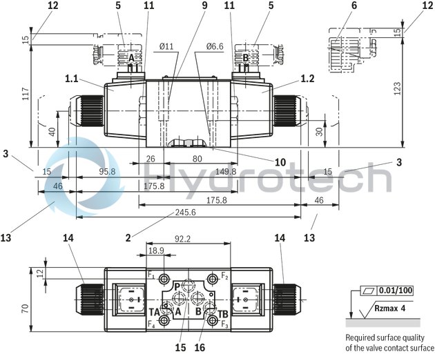 technical illustration-R900503405-4/3-, 4/2- or 3/2-way version High-power solenoid Porting pattern according to ISO&nbsp;4401-05-04-0-05 Wet-pin AC solenoids with detachable coil Solenoid coil is rotatable by 90° The coil can be changed without having to open the pressure-tight chamber Electrical connection as individual connection or central connection Optional auxiliary operating device

