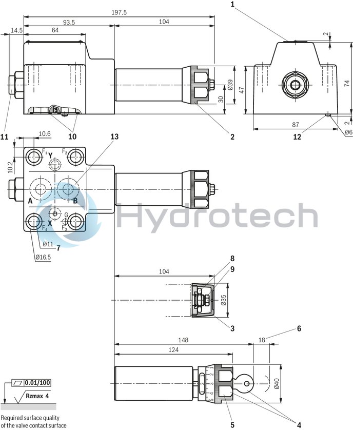 technical illustration-R900599686-For subplate mounting Porting pattern according to ISO&nbsp;5781-06-07-0-00 4&nbsp;pressure ratings 4 adjustment types :<br>
&bull; Rotary knob<br>
&bull; Threaded pin with hexagon and protective cap<br>
&bull; Lockable rotary knob with scale<br>
&bull; Rotary knob with scale With pressure gauge connection Check valve, optional