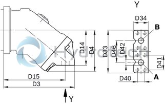 technical illustration-R902160930-Large variety of available nominal sizes allows exact adjustment to the application High power density Very high total efficiency High starting efficiency Working ports SAE flange or thread Optional with integrated pressure relief valve Optional with mounted addifitonal valve: counterbalance valve (BVD/BVE), flushing and boost-pressure valve Bent-axis design
