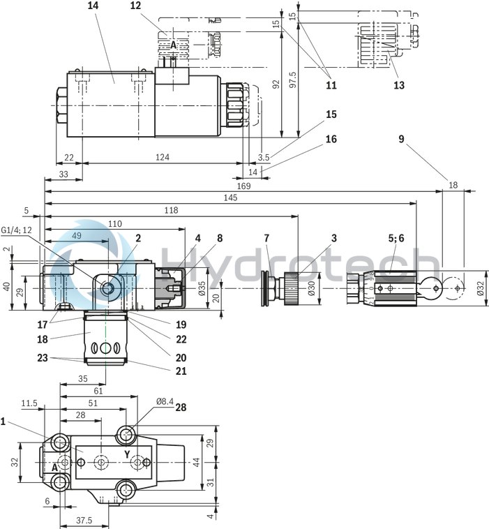 technical illustration-R900941546-For subplate mounting As cartridge valve 4 adjustment types, optionally:<br>
&bull; Rotary knob<br>
&bull; Adjustment spindle with protective cap<br>
&bull; Lockable rotary knob with scale<br>
&bull; Rotary knob with scale 4&nbsp;pressure ratings Solenoid-operated unloading via built-on directional spool valve