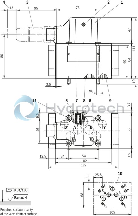 technical illustration-R901016900-Valve to control position, force, pressure or velocity 2-stage servo valve with mechanical or mechanical and electrical feedback 1st stage nozzle/flapper plate amplifier For subplate mounting: Porting pattern according to ISO 4401 Dry control motor, no contamination of the solenoid gaps by the hydraulic fluid Can also be used as 3-way version Wear-free control spool return element Control external or with integrated electronics (OBE) Valve and integrated control electronics are adjusted and tested Control spool with flow force compensation Control sleeve centrically fixed, thus low susceptibility to temperature and pressure Pressure chambers at the control sleeve with gap seal, therefore no wear of the seal ring Filter for 1st stage freely accessible from the outside
