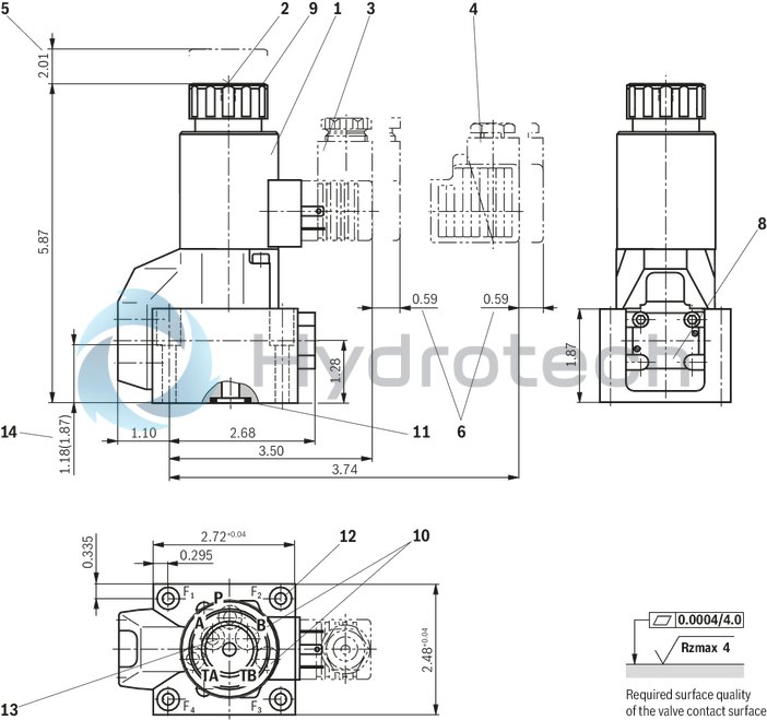 technical illustration-R900059158-Direct operated directional seat valve with solenoid actuation Porting pattern according to ISO&nbsp;4401-05-04-0-05 Blocked port is leak-free closed Reliable switching when under pressure over longer periods of standstill Air-gap DC solenoids with detachable coil (AC voltage possible by means of a rectifier) Solenoid coil is rotatable by 90&deg; Electrical connection as individual connection With concealed manual override, optional Inductive position switch (contactless), optional