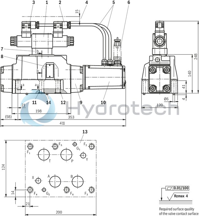 technical illustration-R900727476-Pilot-operated 2-stage proportional directional valves with electrical position feedback of the main control spool and integrated electronics (OBE) Control of flow direction and size Proportional solenoid operation For subplate mounting: Porting pattern according to ISO 4401 Electrical position feedback Spring-centered main control spool Pilot control valve: single-stage proportional directional valve Main stage with position control
