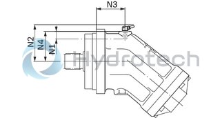 technical illustration-R902160930-Large variety of available nominal sizes allows exact adjustment to the application High power density Very high total efficiency High starting efficiency Working ports SAE flange or thread Optional with integrated pressure relief valve Optional with mounted addifitonal valve: counterbalance valve (BVD/BVE), flushing and boost-pressure valve Bent-axis design
