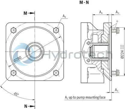 technical illustration-R901375786-A SYHDFEn-1X control system is used for the electro-hydraulic control of swivel angle, pressure and power (partially optional, see ordering code) of an axial piston variable displacement pump.<br>
The control system consists of the following components: A4VSO axial piston variable displacement pump optimized for the operation in the control system VT-DFPn-2X or VT-DFPFD-1X proportional valve as pilot valve with integrated electronics including inductive position transducer for valve position sensing. Position transducer for sensing the swivel angle Pressure transducer with suitable signal level and dynamics (optionally HM 20, separate order)