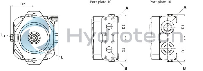 technical illustration-R902504985-Space-saving construction due to recessed mounting flange Approved for high speeds Long service life High power density Low operating noise Optional with integrated anti-cavitation valve, e.g. for fan drives Optional with speed sensor Swashplate design