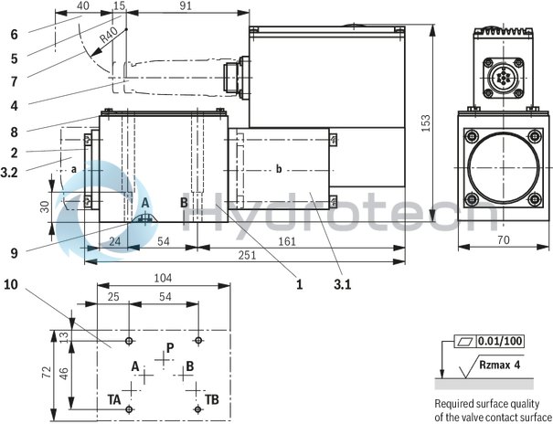 technical illustration-R901103271-Direct operated high-response directional valve with integrated control electronics (OBE) for the control of flow direction and size Suitable for position, velocity and pressure control purposes Operation by means of control solenoids Electrical position feedback High response sensitivity and low hysteresis Integrated electronics (OBE) For subplate mounting: Porting pattern according to DIN 24340 form A and ISO 4401 With Fail-safe position for 4/4-directional control valve