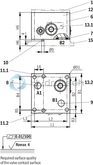 technical illustration-R901105144-Valve with pressure compensator for pressure-compensated controlling of a flow Proportional solenoid operation For subplate mounting: Porting pattern according to ISO 6263 With electrical position control for the metering orifice Axially movable position transducer coil, therefore an easy zero point calibration of the metering orifice is possible without having to interfere with the control electronics (electrical-hydraulic) Low manufacturing tolerance of the valve and electric amplifier and amplifier module Flow control in both directions through rectifier sandwich plate