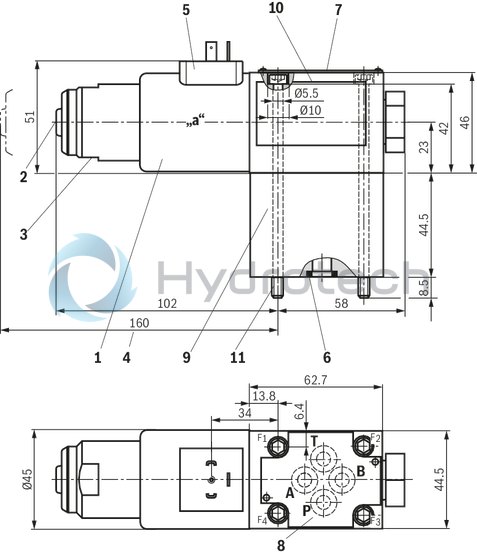 technical illustration-R901271235-3/2- or 4/2-way version Porting pattern according to ISO&nbsp;4401-03-02-0-05 (but without locating hole) Wet-pin DC solenoids Safe switching also with longer standstill periods under pressure Solenoid coil can be rotated by 90&deg; Electrical connection with individual connection With manual override, optional