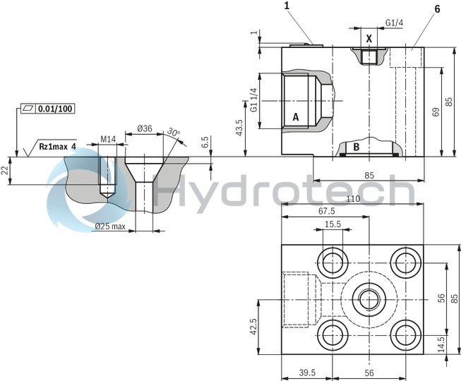 technical illustration-R900964465-Size 40, A → B, hydraulically actuated