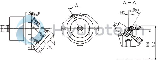 technical illustration-R902160744-Space-saving construction due to recessed mounting flange Easy to install, simply slide into the mechanical gearbox High power density Very high total efficiency High starting efficiency Optional with integrated pressure relief valve Optional with mounted addifitonal valve: counterbalance valve (BVD/BVE), flushing and boost-pressure valve Bent-axis design