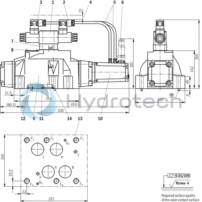 technical illustration-R900727476-Pilot-operated 2-stage proportional directional valves with electrical position feedback of the main control spool and integrated electronics (OBE) Control of flow direction and size Proportional solenoid operation For subplate mounting: Porting pattern according to ISO 4401 Electrical position feedback Spring-centered main control spool Pilot control valve: single-stage proportional directional valve Main stage with position control
