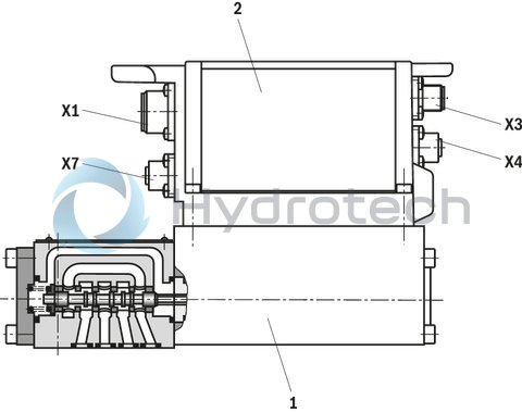 technical illustration-R901259464-Direct operated high-response valves with control spool and sleeve in servo quality Operated on one side, 4/4 fail-safe position in switched-off condition Integrated digital axis control functionality (IAC-R) for:<br>
- Position control with underlying velocity control<br>
- DSC functionality Analog and digital interfaces for command and actual values<br>
- 4 x analog sensors (+/-10 V or 4 ... 20 mA) or<br>
- 1 x length measurement system (1 Vpp or SSI) and 2 analog sensors Command value presetting/actual value response analog (current or voltage) via field bus Analog/digital inputs/outputs, configurable Fieldbus connection<br>
- CAN bus with CANopen protocol DS408<br>
- Profibus-DP Vo/V1 Quick start-up via PC and commissioning software