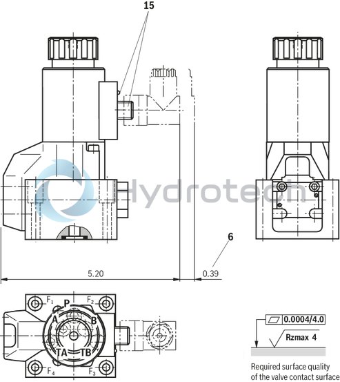 technical illustration-R900059158-Direct operated directional seat valve with solenoid actuation Porting pattern according to ISO&nbsp;4401-05-04-0-05 Blocked port is leak-free closed Reliable switching when under pressure over longer periods of standstill Air-gap DC solenoids with detachable coil (AC voltage possible by means of a rectifier) Solenoid coil is rotatable by 90&deg; Electrical connection as individual connection With concealed manual override, optional Inductive position switch (contactless), optional