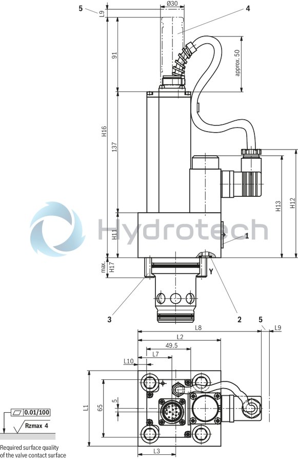 technical illustration-R901276354-Pilot-operated 2-way proportional throttle valve in block installation technology Installation dimensions according to DIN ISO 7368 Orifice spool electrically position-controlled Flow in both directions In case of power failure, cable break or disconnection of enable, the orifice spool will automatically move into seat position and block the flow in both directions Can be used for pressure-compensated closed-loop flow control in conjunction with a pressure compensator Completely adjusted unit with integrated electronics (OBE), optionally available with voltage or current interface