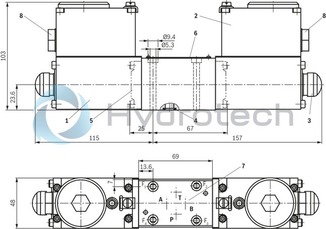 technical illustration-R901458409-4/3-, 4/2- or 3/2-way version For intended use in potentially explosive atmosphere Porting pattern according to ISO&nbsp;4401-03-02-0-05 Wet-pin AC or DC solenoids Electrical connection with individual connection or piping connection (NPT 1/2") With manual override