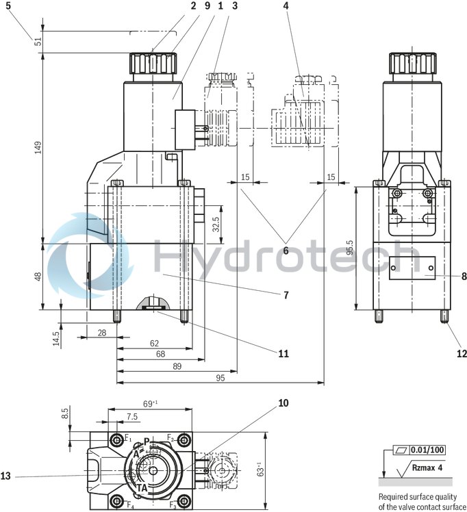 technical illustration-R900059158-Direct operated directional seat valve with solenoid actuation Porting pattern according to ISO&nbsp;4401-05-04-0-05 Blocked port is leak-free closed Reliable switching when under pressure over longer periods of standstill Air-gap DC solenoids with detachable coil (AC voltage possible by means of a rectifier) Solenoid coil is rotatable by 90&deg; Electrical connection as individual connection With concealed manual override, optional Inductive position switch (contactless), optional