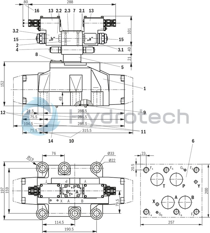technical illustration-R901427470-For intended use in potentially explosive atmosphere For subplate mounting Porting pattern according to ISO&nbsp;4401 Spring centering, spring end position or hydraulic end position wet-pin DC or AC solenoids Solenoid coil is rotatable by 90&deg; Optional auxiliary operating device Electrical connection as individual connection with cable gland Switching time adjustment, optional Preload valve in channel P of the main valve, optional