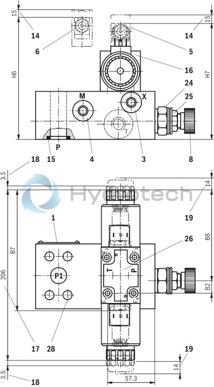 technical illustration-R901411097-Zero-pressure start-up and circulation of the pump Intended for direct mounting onto the SAE pressure port of the pump Low circulation pressure due to short distance Low compression volume for soft switching to depressurized circulation Quick pressure build-up 4 adjustment types for pressure adjustment, optionally<br>
&bull; Rotary knob<br>
&bull; Sleeve with hexagon and protective cap<br>
&bull; Lockable rotary knob with scale<br>
&bull; Rotary knob with scale 5 pressure ratings, optional Low noise level due to direct flange mounting at the pump