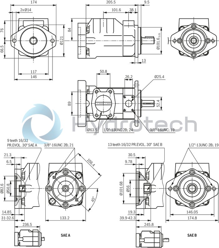 technical illustration-R901490342-Fixed displacement, size 122 cm³, pressure 175 bar, clockwise rotation, 600-1800 rpm, mounting flange SAE-C
