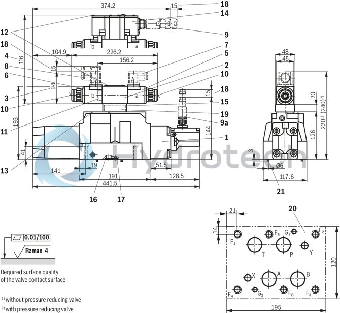 technical illustration-R901155719-Pilot-operated, 2-stage proportional directional valves with integrated electronics (OBE) Switching position indicator In connection with a contact shut-off, the valve complies with the requirements for safety-related components of a control according to category 4, EN ISO 13849-1:2006 Suitable for use in safety-related parts of controls according to category 4, EN ISO 13849-1:2006 Control of the direction and magnitude of a flow Operation by means of proportional solenoids with central thread and detachable coil For subplate mounting: Porting pattern according to ISO 4401 Optional auxiliary operating device Spring-centered control spool
