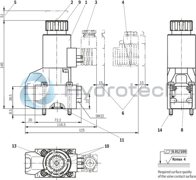 technical illustration-R900212093-2/2-, 3/2- or 4/2-way version Porting pattern according to DIN 24340 form A Porting pattern according to ISO&nbsp;4401-03-02-0-05 Air-gap DC solenoids with detachable coil Solenoid coil is rotatable by 90° The coil can be changed without having to open the pressure-tight chamber Electrical connection as individual connection Optional auxiliary operating device Inductive position switch and proximity sensors (contactless)
