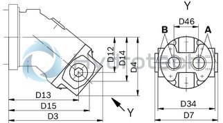 technical illustration-R902160930-Large variety of available nominal sizes allows exact adjustment to the application High power density Very high total efficiency High starting efficiency Working ports SAE flange or thread Optional with integrated pressure relief valve Optional with mounted addifitonal valve: counterbalance valve (BVD/BVE), flushing and boost-pressure valve Bent-axis design
