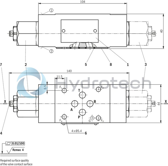 technical illustration-R900909856-Sandwich plate valve Porting pattern according to DIN 24340 form A Porting pattern according to ISO&nbsp;4401-03-02-0-05 (with locating hole) With 1 or 2 flow control cartridges Adjustment type with internal hexagon
