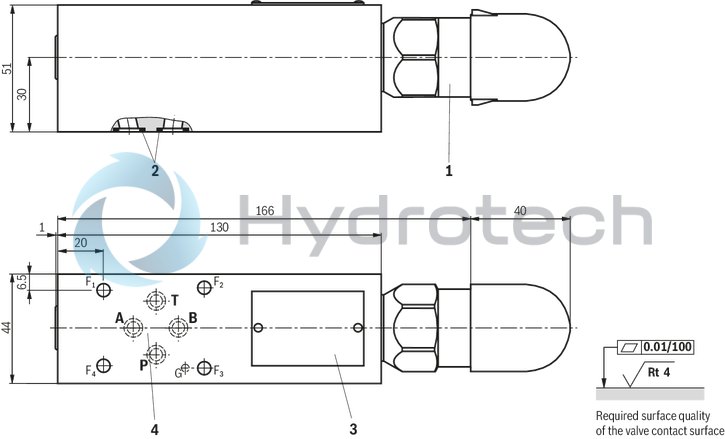 technical illustration-R901224218-For subplate mounting Porting pattern according to ISO&nbsp;5781-03-04-0-00 (not in compliance with the standard, also without locating hole) Subplates (separate order) As cartridge valve Adjustment type: Sleeve with hexagon and protective cap 4&nbsp;pressure ratings Switching pressure differential adjustable (10&nbsp;% to 50&nbsp;% of the nominal value)
