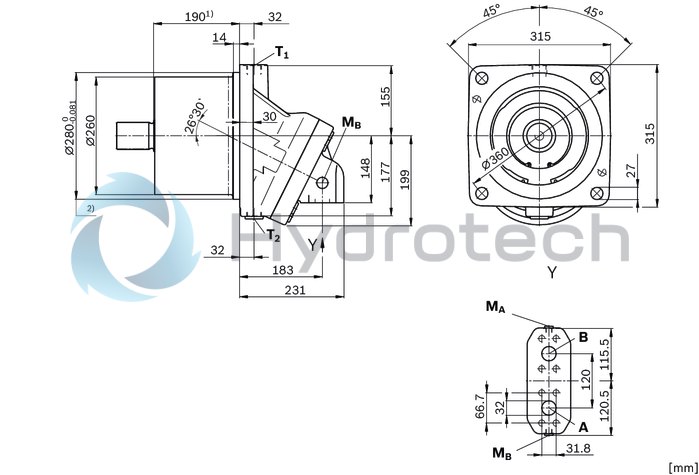 technical illustration-R902160744-Space-saving construction due to recessed mounting flange Easy to install, simply slide into the mechanical gearbox High power density Very high total efficiency High starting efficiency Optional with integrated pressure relief valve Optional with mounted addifitonal valve: counterbalance valve (BVD/BVE), flushing and boost-pressure valve Bent-axis design