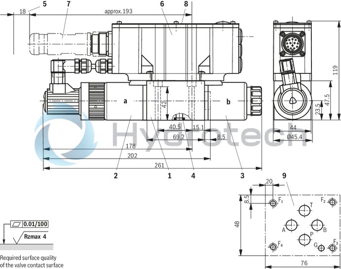 technical illustration-R901008707-Direct operated proportional directional valve for controlling flow direction and flow size Operation by means of proportional solenoids with central thread and detachable coil Electrical position feedback Integrated electronics (OBE) with B6 interface Monitoring of control spool position With or without step function Spring-centered control spool For subplate mounting: Porting pattern according to ISO 4401