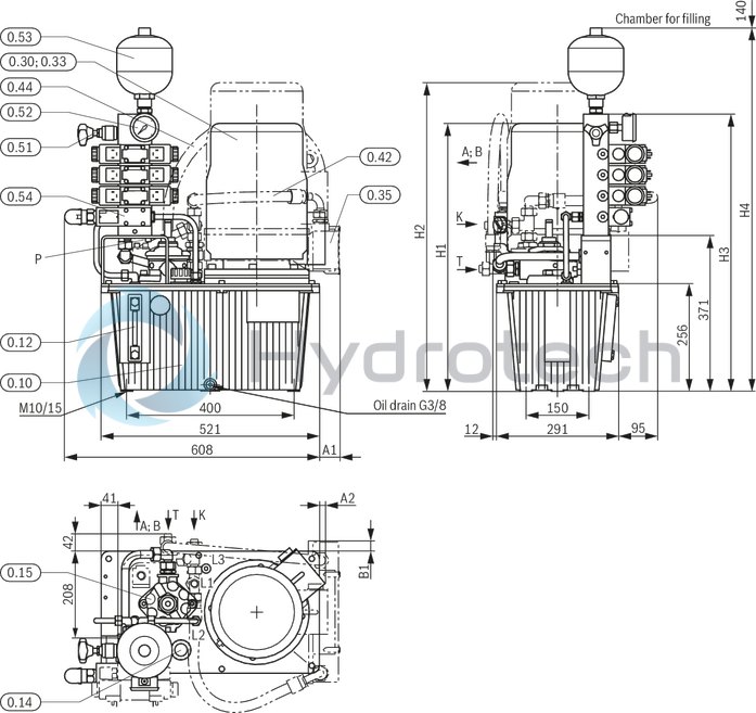 technical illustration-R919101941-Stable aluminum tank Modular design Compact power unit design Individual adaptation possible Versatile possible applications Additional options possible Clear, maintenance-friendly arrangement
