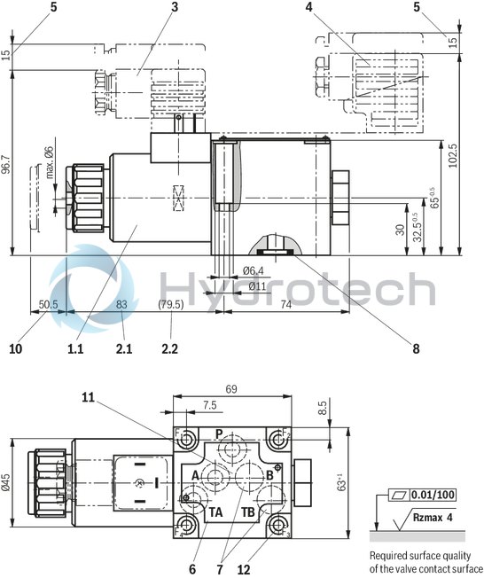 technical illustration-R901351760-Direct operated directional seat valve with solenoid actuation Subplates (separate order) Blocked connection is leak-tight Reliable switching when under pressure over longer periods of standstill Wet-pin DC solenoids with detachable coil (AC voltage possible by means of a rectifier) Solenoid coil is rotatable by 90&deg; The coil can be changed without having to open the pressure-tight chamber Electrical connection as individual connection With concealed manual override, optional Inductive position switch and proximity sensors (contactless)