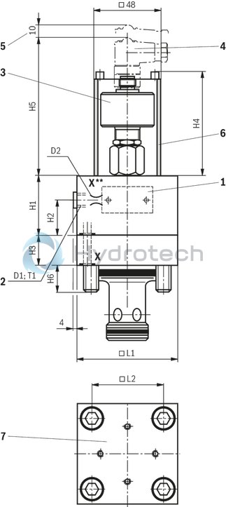 technical illustration-R900729026-Functional product design Modular set-up:&bull; Cartridge valve with various options&bull; Control cover in various variants for realization of selected functions&bull; Electric monitoring of the spool position Power and flow-optimized design:&bull; High flows&bull; Low pressure drops&bull; High switching velocities&bull; Low leakage oil flowsRobust design:&bull; High reliability&bull; Long life cycle Other features:&bull; Small installation size, low weight&bull; Easy to service