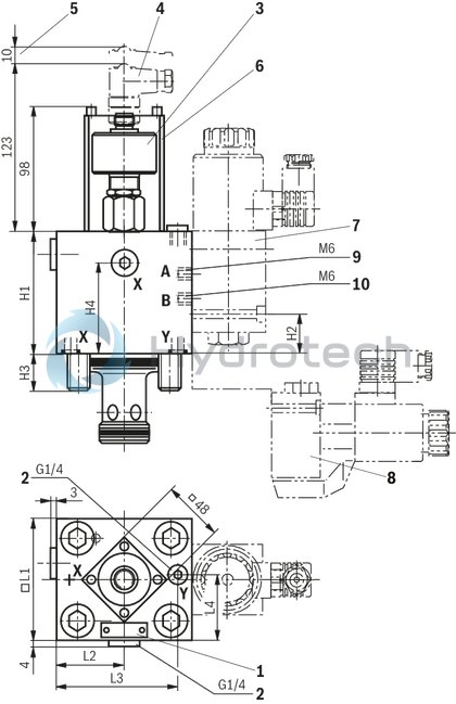 technical illustration-R900940720-Functional product design Modular set-up:&bull; Cartridge valve with various options&bull; Control cover in various variants for realization of selected functions&bull; Electric monitoring of the spool position Power and flow-optimized design:&bull; High flows&bull; Low pressure drops&bull; High switching velocities&bull; Low leakage oil flowsRobust design:&bull; High reliability&bull; Long life cycle Other features:&bull; Small installation size, low weight&bull; Easy to service