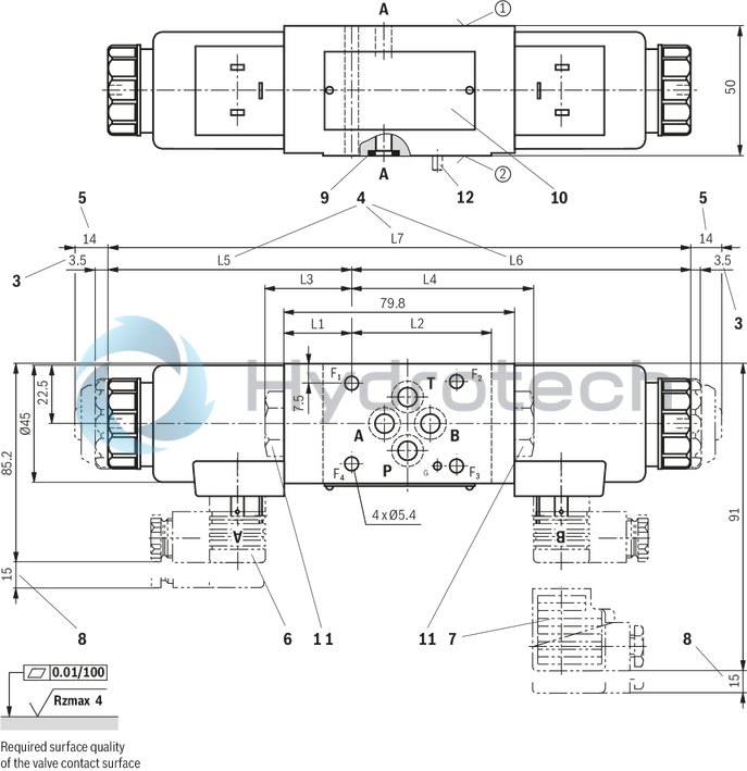 technical illustration-R900945999-Direct-controlled directional slide valve with solenoid actuation Sandwich plate valve As stop straight-through valve or stop straight-through short circuit valve Porting pattern according to DIN&nbsp;24340 form&nbsp;A (without locating hole), (standard) Porting pattern according to ISO&nbsp;4401-03-02-0-05 (with locating hole) Wet-pin AC or DC solenoids Manual override, optional
