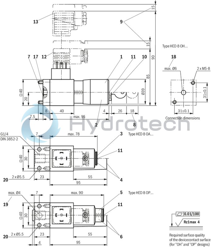 technical illustration-R901102362-200 bar, micro switch with NC contact/NO contact function, device connector DIN EN 175301-803 (large cubic connector)