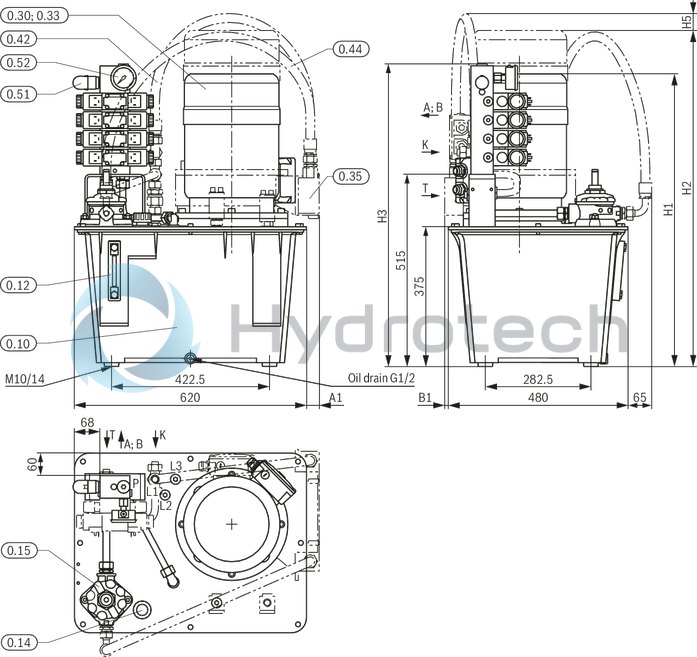 technical illustration-R919101941-Stable aluminum tank Modular design Compact power unit design Individual adaptation possible Versatile possible applications Additional options possible Clear, maintenance-friendly arrangement
