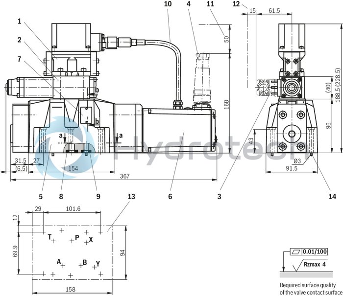 technical illustration-R901094683-Pilot-operated high-response directional valve, 2-stage, with electrical position feedback of the main control spool and integrated electronics (OBE) It is suitable for the position, pressure, force and velocity control when there are simultaneously high requirements on the dynamics in the small signal range and the response sensitivity Pilot control valve: single-stage servo valve according to nozzle/flapper plate principle Position sensing of the main control spool by means of an inductive position transducer High response sensitivity and low hysteresis Replaceable filter element Integrated control electronics, external zero point correction possible For subplate mounting: Porting pattern according to DIN 24340 form A and ISO 4401