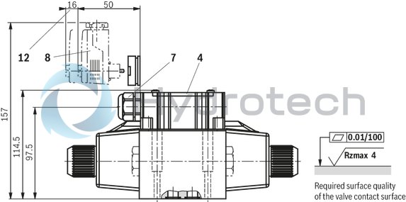 technical illustration-R900503405-4/3-, 4/2- or 3/2-way version High-power solenoid Porting pattern according to ISO&nbsp;4401-05-04-0-05 Wet-pin AC solenoids with detachable coil Solenoid coil is rotatable by 90° The coil can be changed without having to open the pressure-tight chamber Electrical connection as individual connection or central connection Optional auxiliary operating device
