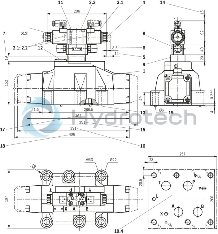 technical illustration-R978024207-Types of actuation (internal or external pilot control): Electro-hydraulic (type WEH) For subplate mounting Porting pattern according toISO&nbsp;4401 4/3-, 4/2- or 3/2-way version Spring or pressure centering, spring end position or hydraulic end position Wet-pin DC or AC solenoids, optional Electrical connection as individual or central connection Optional versions:<br>
- Manual override<br>
- Switching time adjustment<br>
- Preload valve in channel P of the main valve<br>
- Stroke setting and/or spool position monitoring
