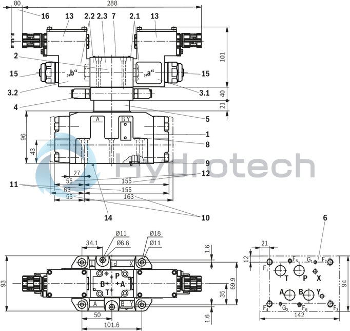 technical illustration-R901427470-For intended use in potentially explosive atmosphere For subplate mounting Porting pattern according to ISO&nbsp;4401 Spring centering, spring end position or hydraulic end position wet-pin DC or AC solenoids Solenoid coil is rotatable by 90&deg; Optional auxiliary operating device Electrical connection as individual connection with cable gland Switching time adjustment, optional Preload valve in channel P of the main valve, optional