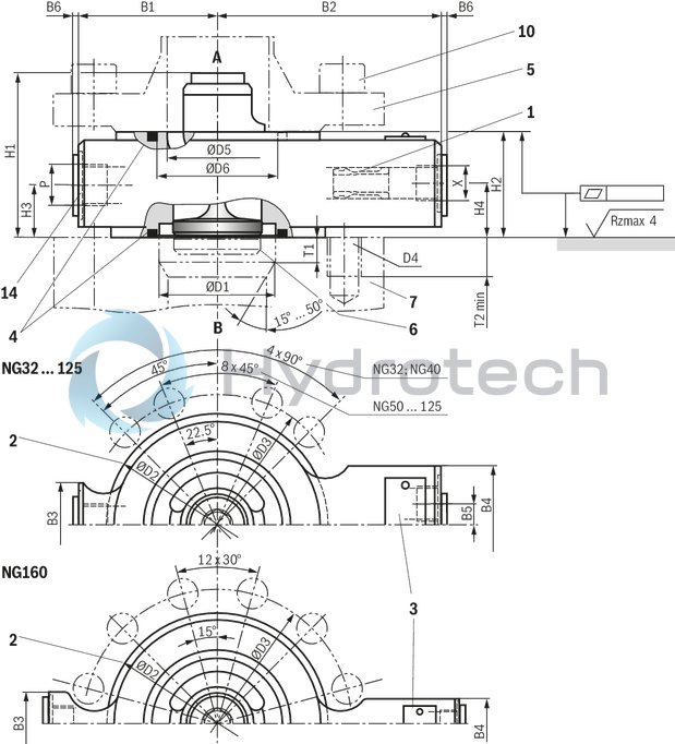 technical illustration-R900566826-Pilot operated check valve in sandwich plate design Directional valve set-up, optional High-pressure connection (NG32 &hellip; 160) Integrated throttle check valve (NG50, 63, 80 and 200)