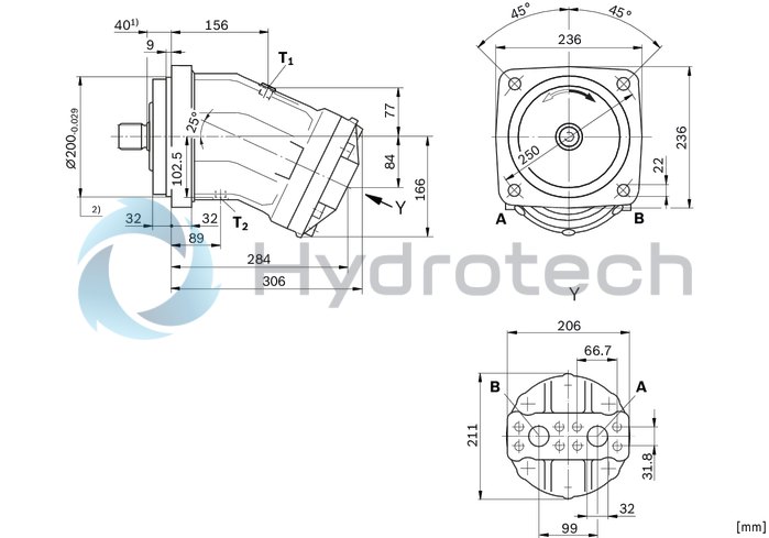 technical illustration-R902160930-Large variety of available nominal sizes allows exact adjustment to the application High power density Very high total efficiency High starting efficiency Working ports SAE flange or thread Optional with integrated pressure relief valve Optional with mounted addifitonal valve: counterbalance valve (BVD/BVE), flushing and boost-pressure valve Bent-axis design
