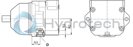 technical illustration-R902504985-Space-saving construction due to recessed mounting flange Approved for high speeds Long service life High power density Low operating noise Optional with integrated anti-cavitation valve, e.g. for fan drives Optional with speed sensor Swashplate design